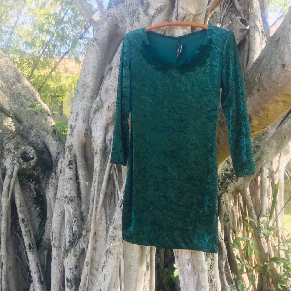 Vintage Retro 90’s Crushed Velvet Emerald Dress - Picture 2 of 6